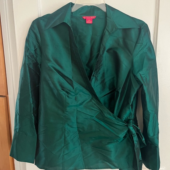 Sunny Leigh Jackets & Blazers - Emerald silk wrap blouse top